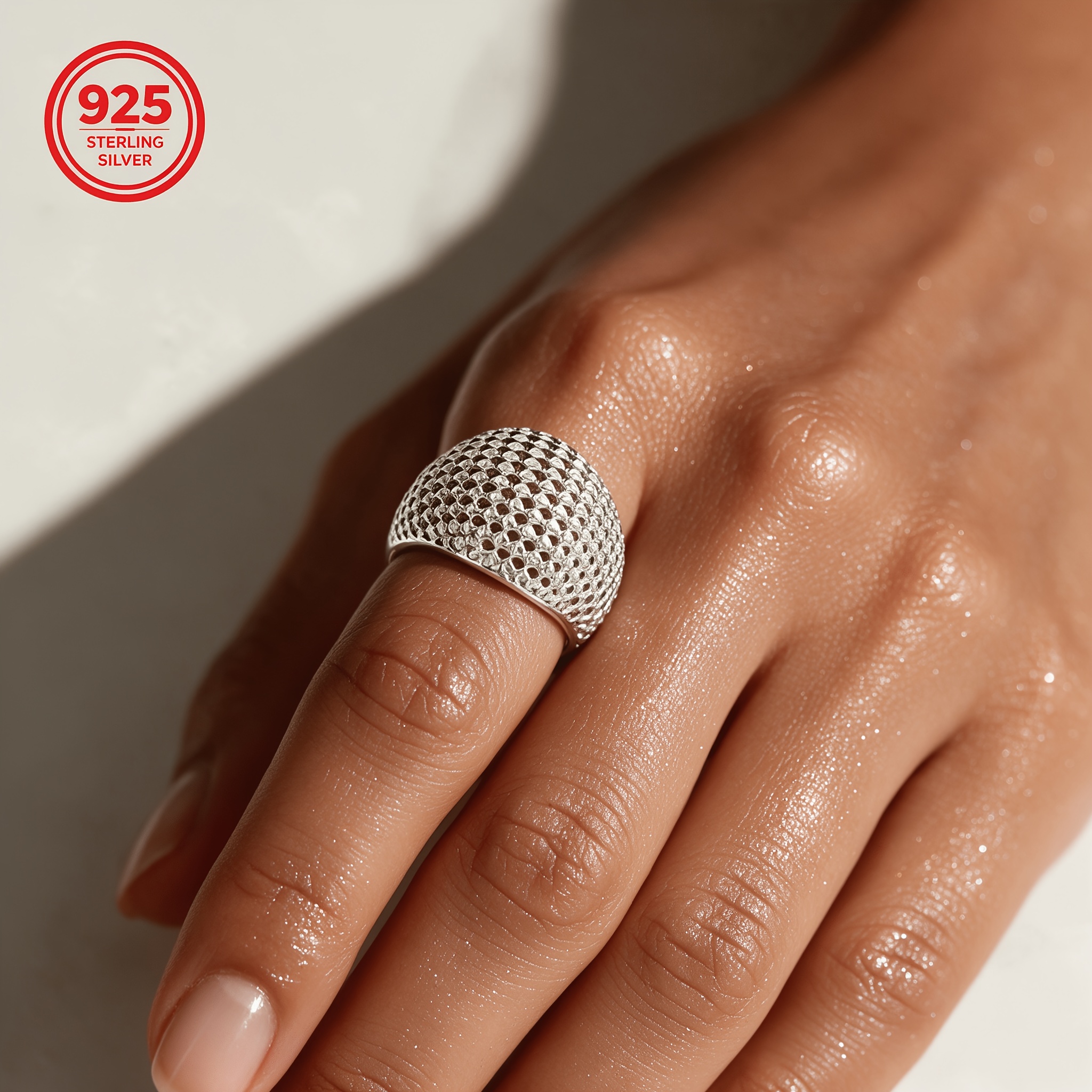 925 Silver Low-Allergy Adjustable Bead Hollow Ring